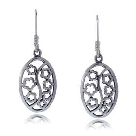 Flower Silver Dangle Earrings Ladies Carved Oval Hooksflower 