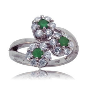 Flower Emerald Ring W/ Diamond 14K White Gold Bypassflower 