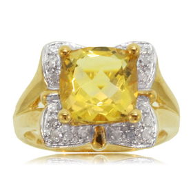 Square Citrine Ring W/ Diamond 10K Gold Ladies Dome Newsquare 