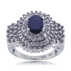 Blue Sapphire Diamond Ring 14K White Gold Cocktail Bandblue 