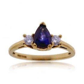 Blue Sapphire Ring 14K Yellow Gold W/ Diamond Teardropblue 