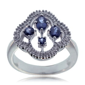 Blue Sapphire Cocktail Ring W/ Diamond 14K White Goldblue 