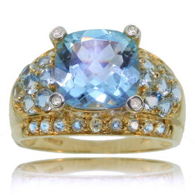 Blue Topaz Cocktail Ring W/ Diamond 14K Gold Pave Bandblue 