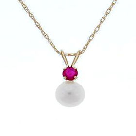 Saltwater White Pearl Ruby 10K Gold Pendant Necklace