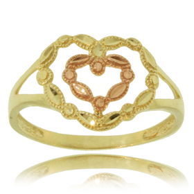 Heart Ring Rose & Yellow Gold Diamond Cut Double Heartheart 