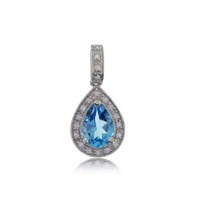 Blue Topaz Pendant W/ Diamond 14K White Gold Pear Newblue 