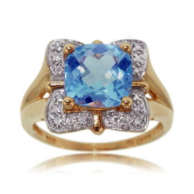 Blue Topaz Ring W/ Diamond 10K Gold Ladies Square Domeblue 